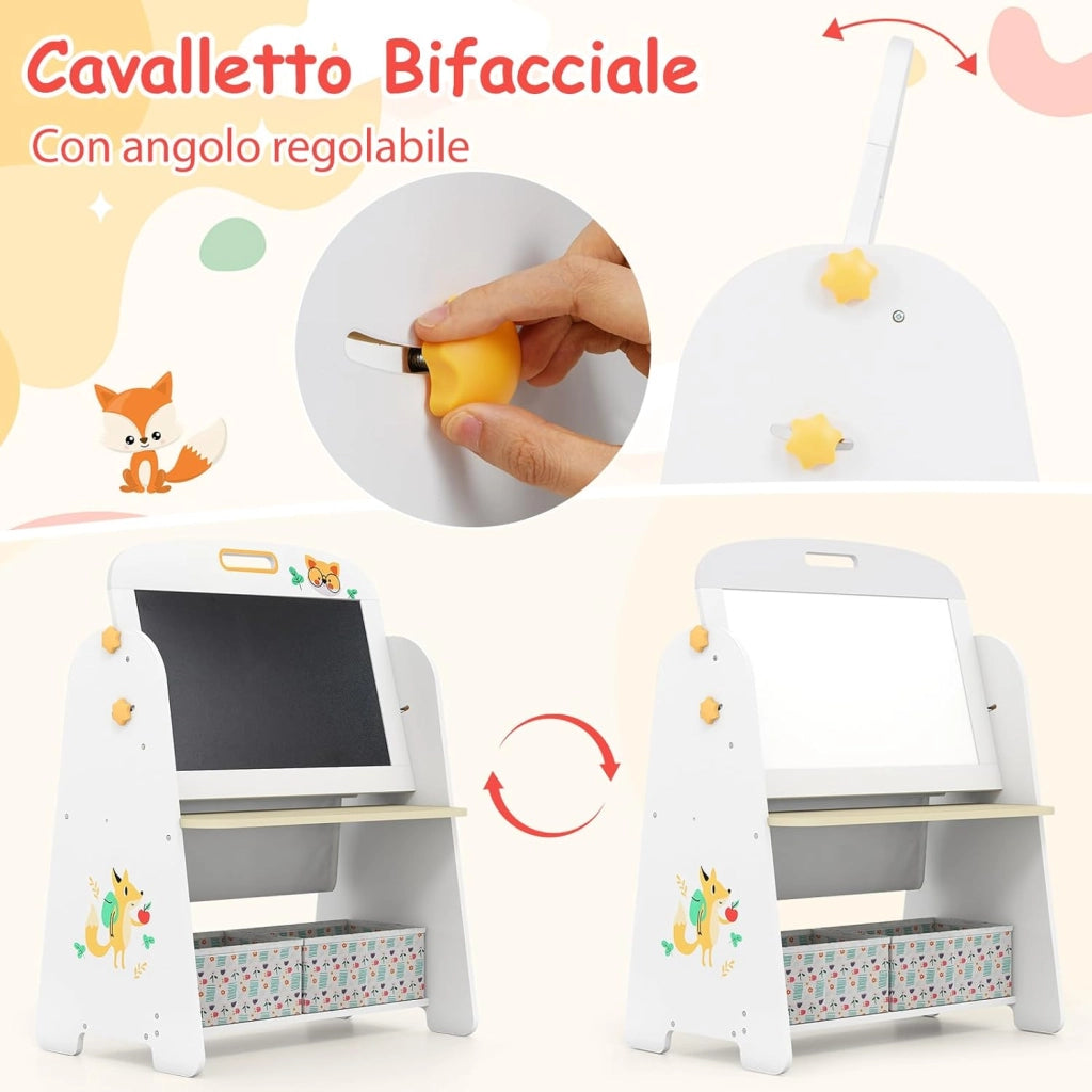 Set Tavolo e Sedia per Bambini, Lavagnetta Cancellabile Bambini con Sedia, Scaffale, 2 Contenitori in Tessuto, Gomma e Gessetti, Tavolino per Cameretta (Naturale)