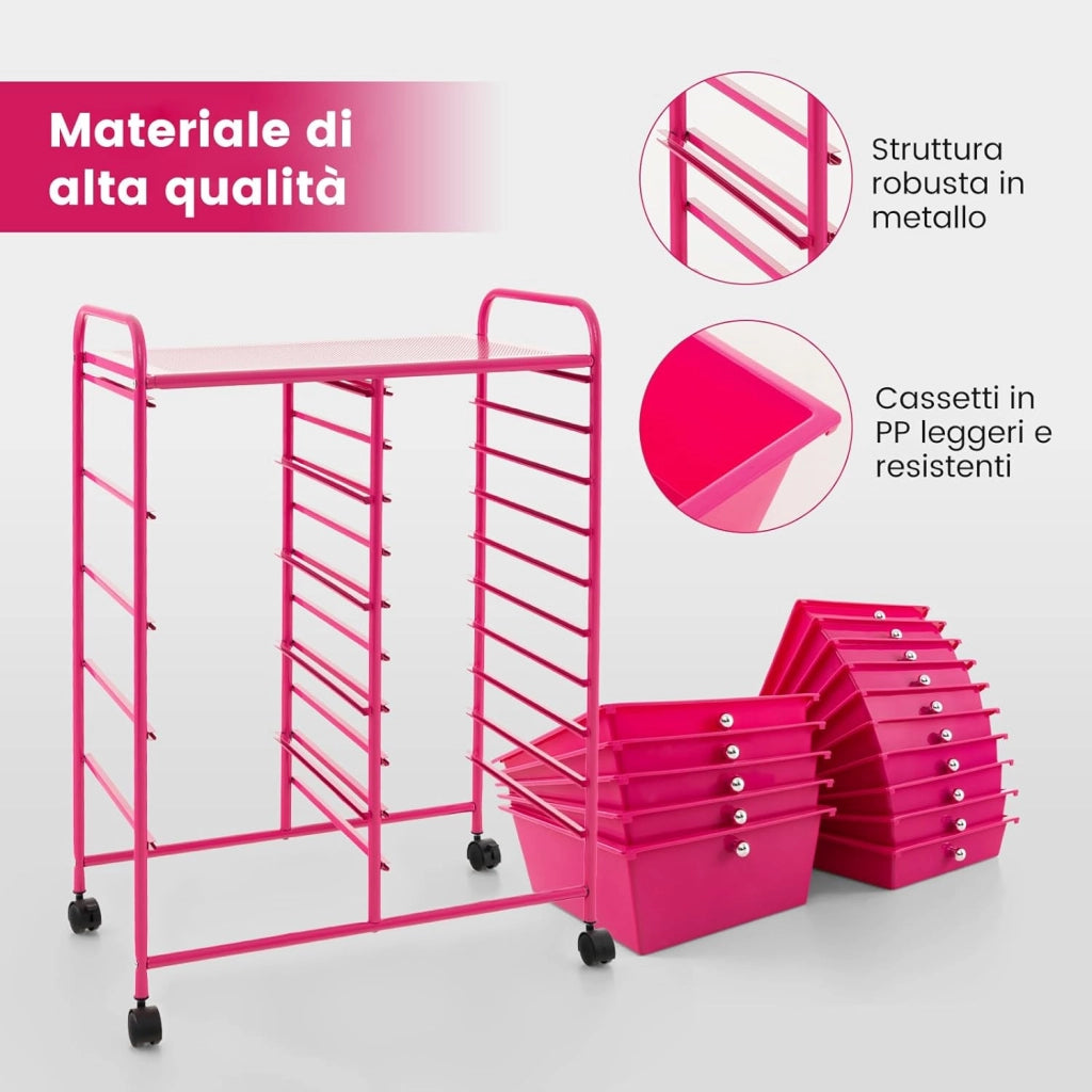Carrello con 15 Cassetti Impilabili, Carrello di Stoccaggio con Ruote, Carello Portaoggetti per Casa e Ufficio, 63 x 37 x 87 cm (Rosa scuro)