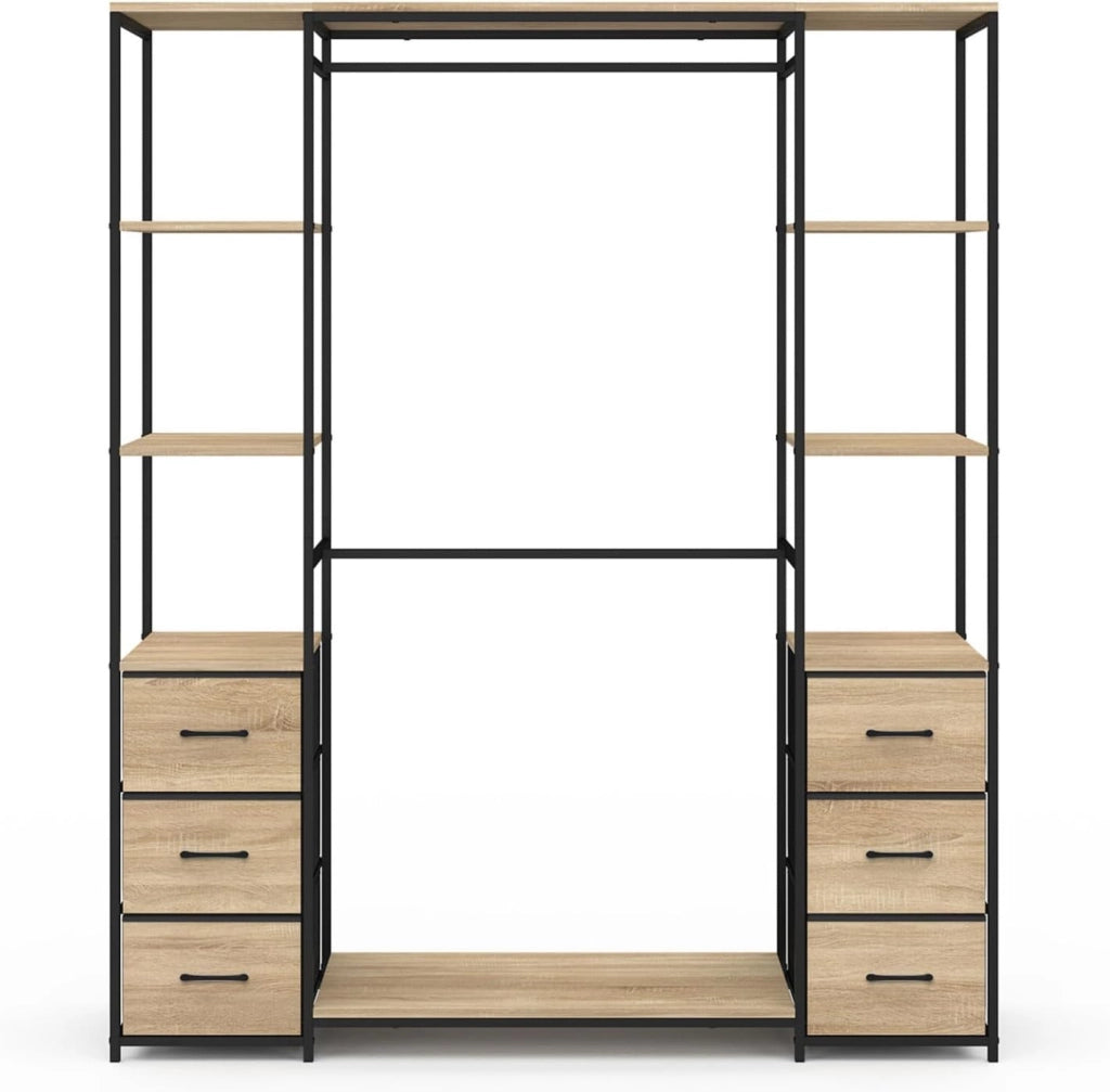 Armadio doppio UTAH + colonna doppia L. 140 cm con 6 ripiani e 6 cestini in legno e tessuto nero