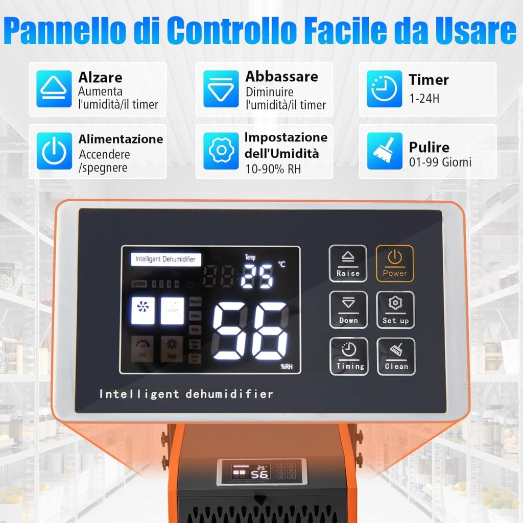 Deumidificatore Casa, Deumidificatore Elettrico con Tubo di Scarico e Timer, Deumidificatore Portatile con Ruote per Cantina, Magazzino, Fabbrica e Grandi Spazi fino a 695 m³ (Arancione)