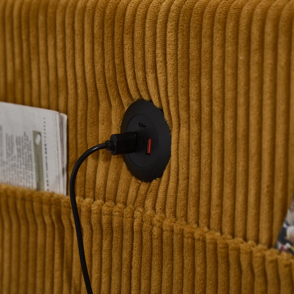 Divano modulare 2 posti in tessuto a coste con 4 portabicchieri 4 tasche laterali e USB giallo senape