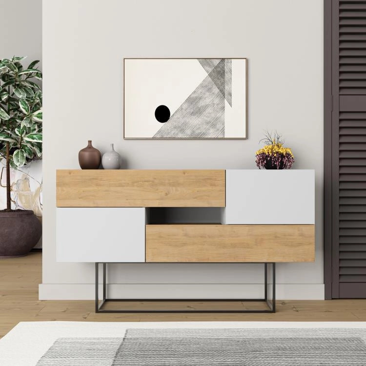 Consolle Moderna 145x40x82 cm con 2 Ante 2 Cassetti e Gambe Alte Zaffiro di Quercia e Bianco