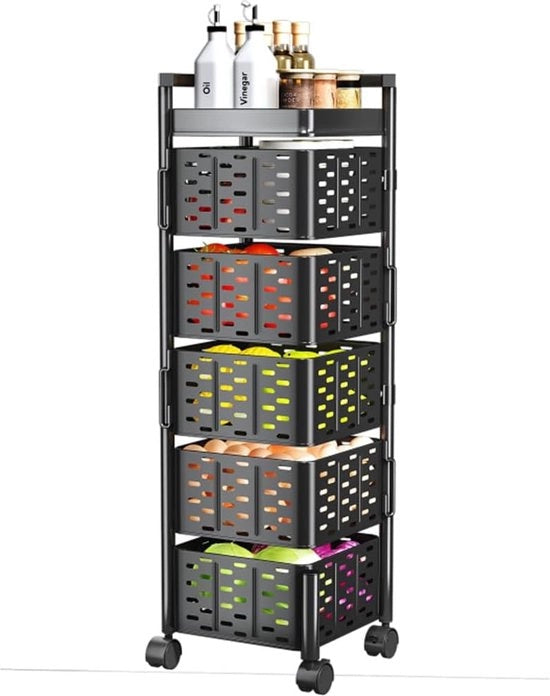 Carrello da servizio, trolley cucina, carrello da servizio con ruote, acciaio extra spesso, design magnetico, trolley cucina con ruote, 5 livelli a muro angolare nero (nero quadrato, 5 livelli)