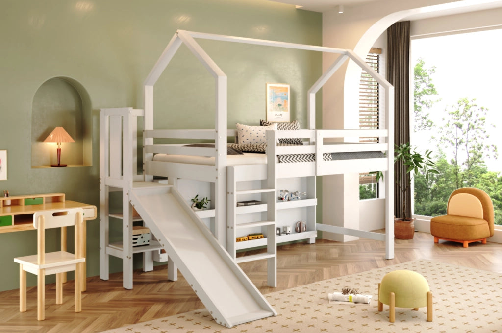Letto singolo multifunzionale 90x200 cm con scivolo, vani e ripiani