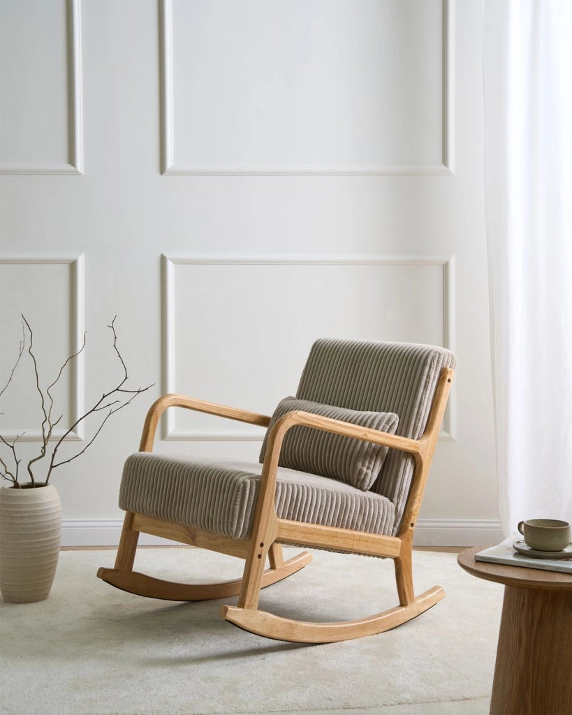 Sedia a dondolo in velluto a coste Rivestimento in stile vintage Struttura in legno Bianco