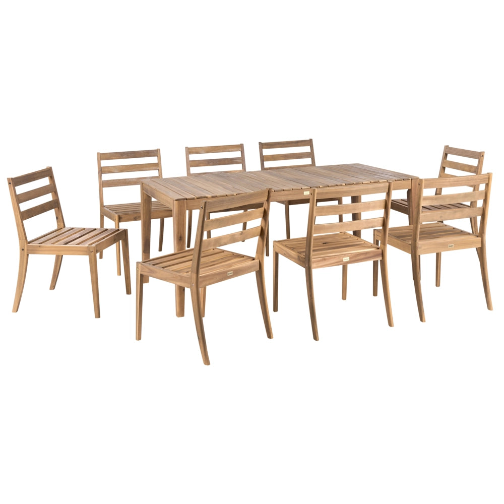 Set da pranzo da giardino con 8 sedie e tavolo marrone chiaro in legno di acacia certificato con piano rettangolare in stile rustico da esterno