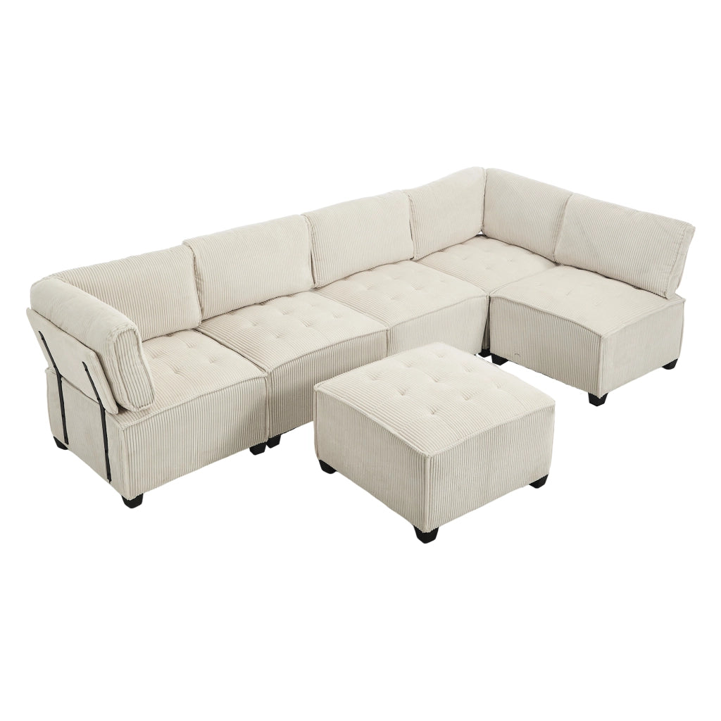Divano Modulare 6 Posti con Tasche Laterali; Schienale Ergonomico; Velluto a Coste Beige; 308 × 154 × 81;99 cm