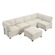 Divano Modulare 6 Posti con Tasche Laterali; Schienale Ergonomico; Velluto a Coste Beige; 308 × 154 × 81;99 cm