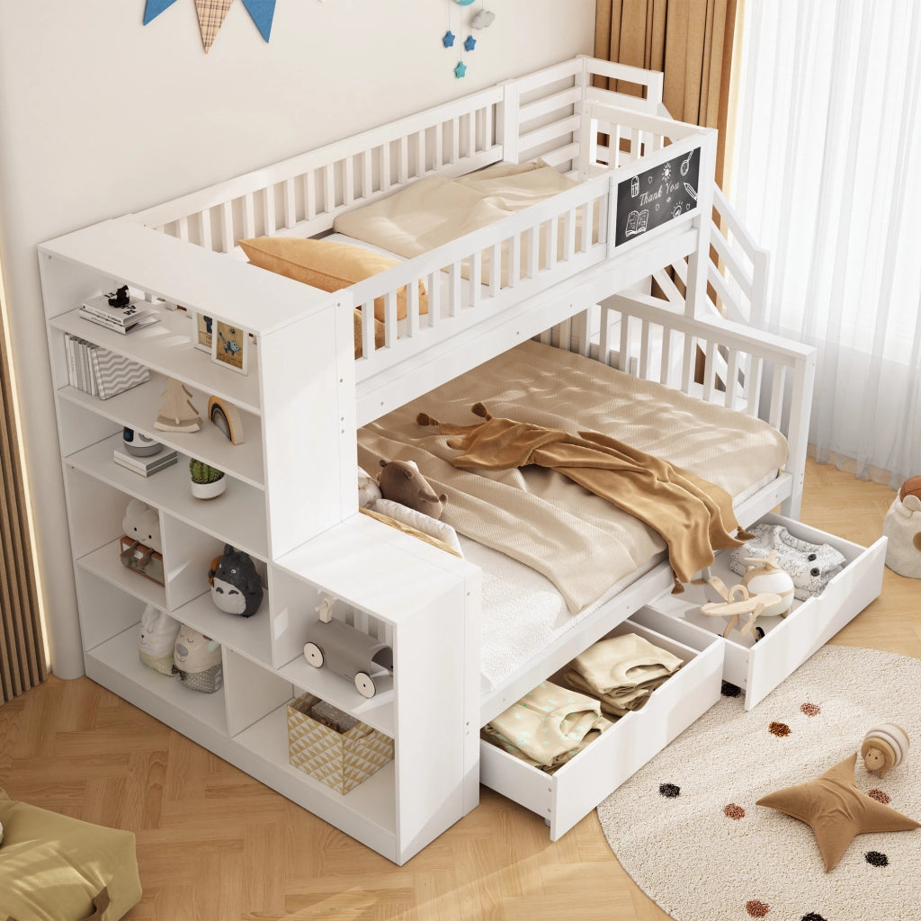OKWISH Letto a Castello 140×200 cm e 90×200 cm, Letto 3 Posti con Scala Contenitore, Armadi e Lavagna, senza Materasso, Bianco