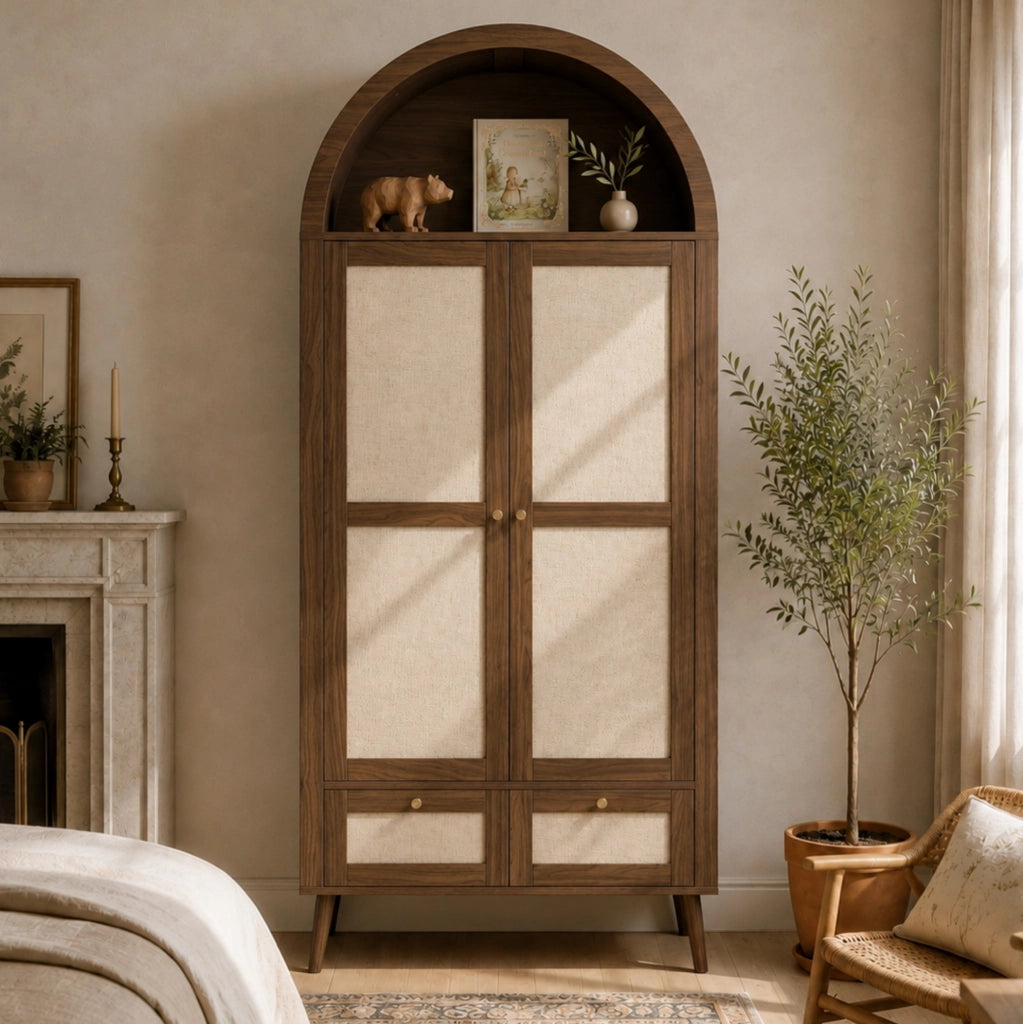 Armadio ULEVR 180 cm con 2 ante, 2 cassetti, barra appendiabiti e vano aperto, effetto noce e rattan beige