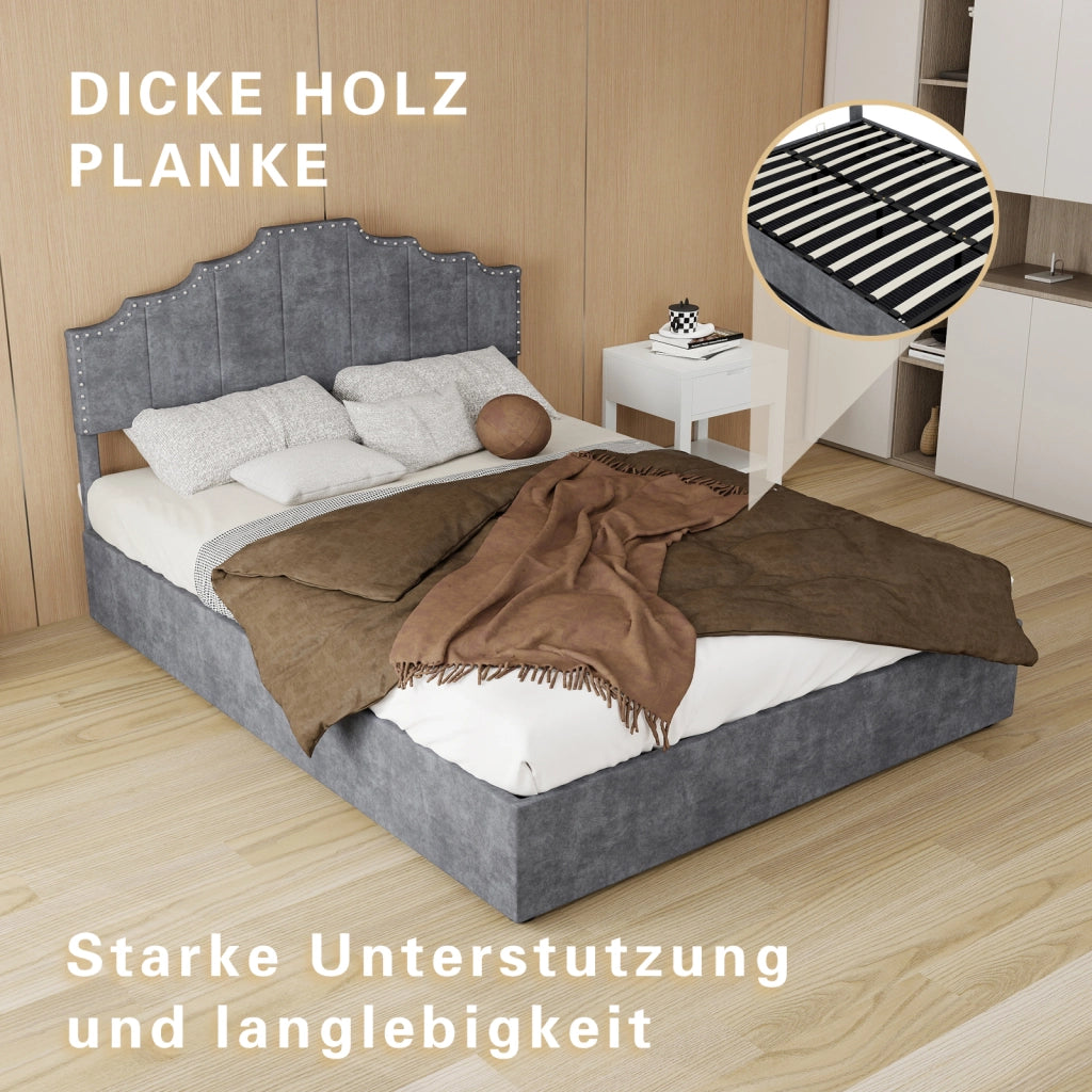 Letto contenitore 140 × 200 cm con testiera imbottita geometrica in velluto grigio e rete a doghe
