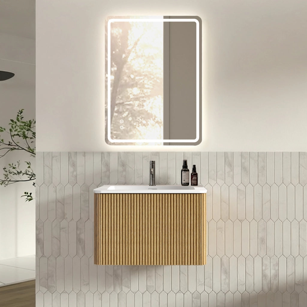 Mobile bagno con specchio; lavabo integrato e cassetto; LED regolabile antiappannamento; sospeso; in MDF rovere