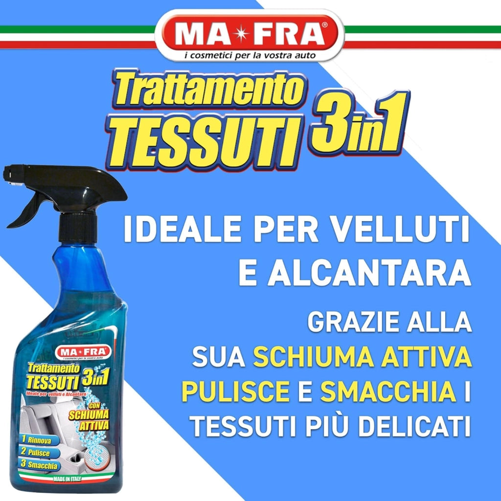 Ma-Fra, Trattamento 3in1 Tessuti, Deterge e Smacchia Tessuti Delicati, Velluti e Alcantara, Rinnova i Colori e Dona una Fresca Nota di Profumo, Formato 500ml