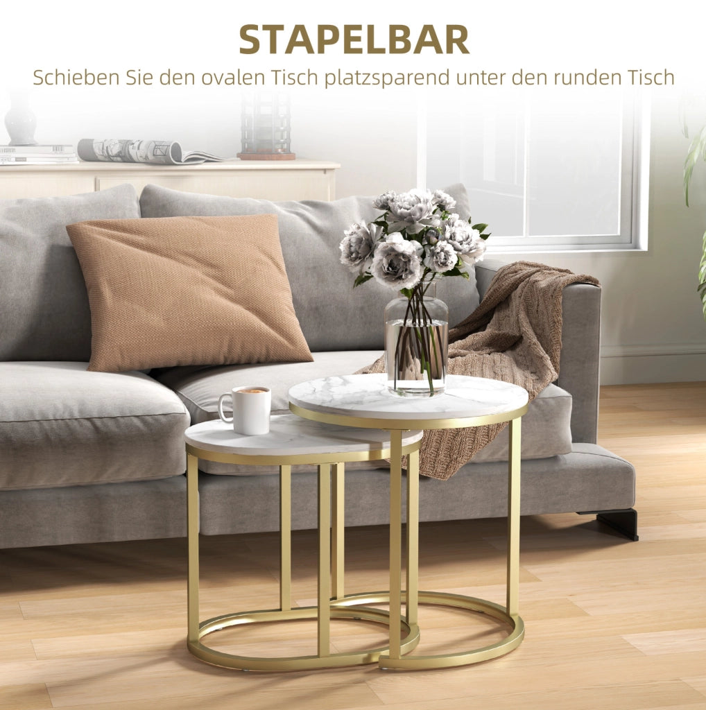 Set 2 tavolini da caffè impilabili in MDF bianco con struttura in acciaio