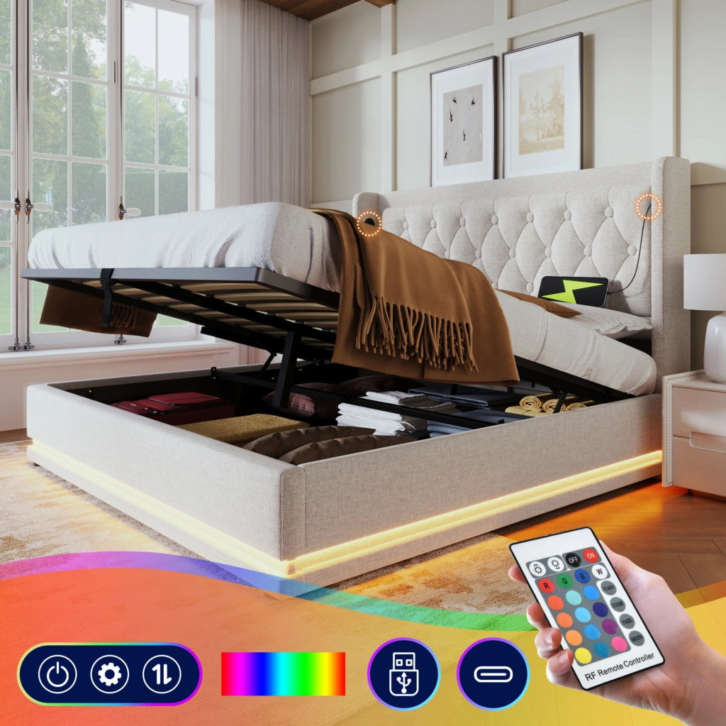 Letto contenitore 140x200 cm beige con materasso, LED e USB-C