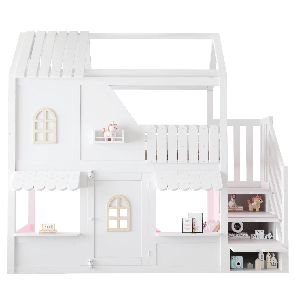 Letto a castello a casetta 90x200 cm con tetto; finestra; porta; scala contenitore; LED e ripiani; legno bianco