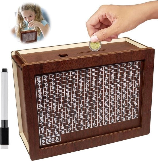 Cassa di Risparmio in Legno per Adulti Retro Cassaforte di Risparmio Reimborsabile - Contatore di Risparmio per Bambini - Bambini e Adulti - 5000€