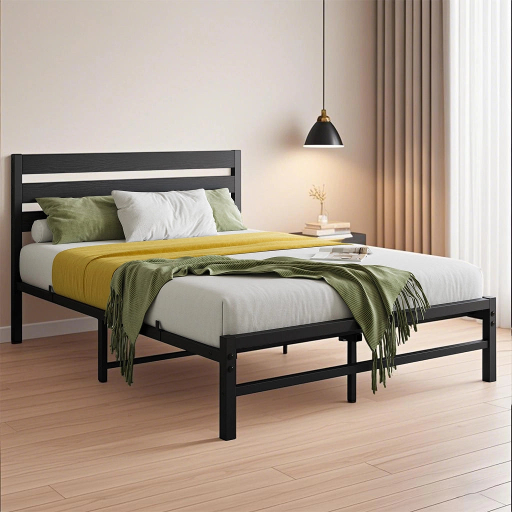 Letto singolo 90x200 cm in metallo e MDF con testiera a pannelli; nero