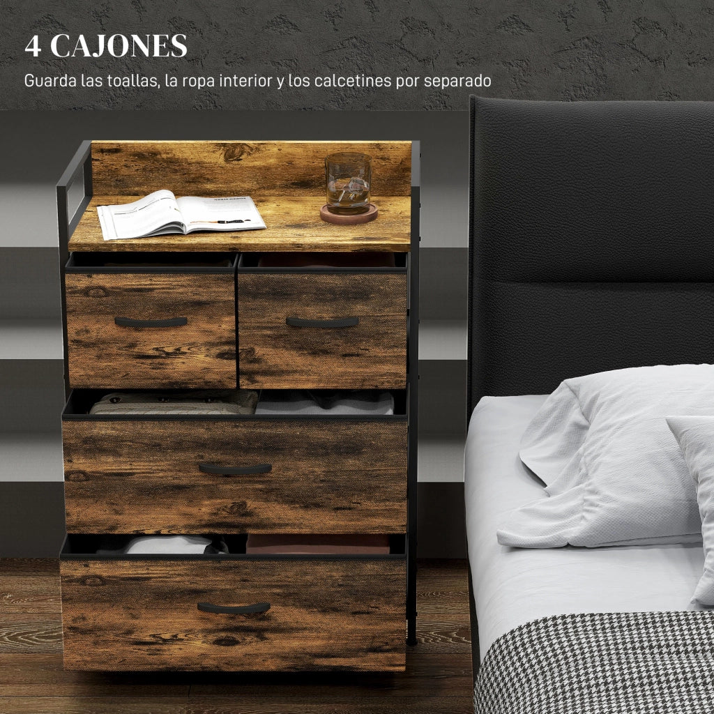 Cassettiera Tessuto con 4 Cassetti e Struttura in Acciaio Stile Industriale per Soggiorno ¨C zephmum ¨C 60x29x85 Marrone