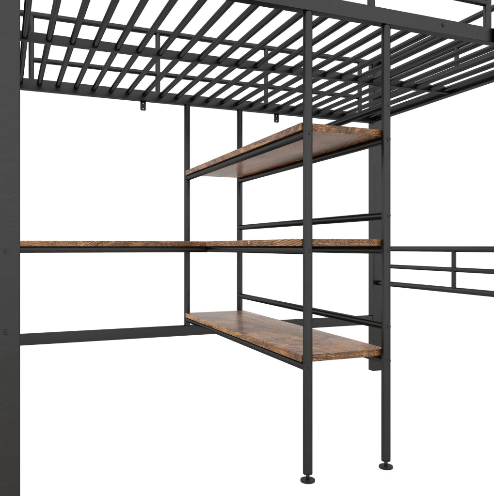 Letto a soppalco 90x200 cm nero in metallo con scrivania, scaffali e scala