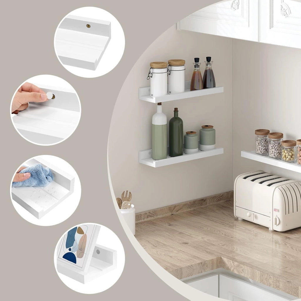 Set di 3 Mensole da Muro, Mensole Bianche in Legno, Ripiani per Cucina Salvaspazio, Mensole per Cameretta, Bagno, Soggiorno, 60x12x5 cm
