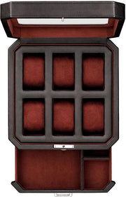 Orizzonte 6-vacche scatola orologio in pelle con cassetta - Organizzatore di orologi da uomo, scatole di conservazione con grande vetrata superiore (nero/rosso)