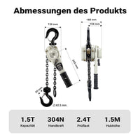 Paranco a leva 1,5 t x 1,5 m, paranco a catena compatto con impugnatura girevole a 360°, per lavori di sollevamento in spazi ristretti