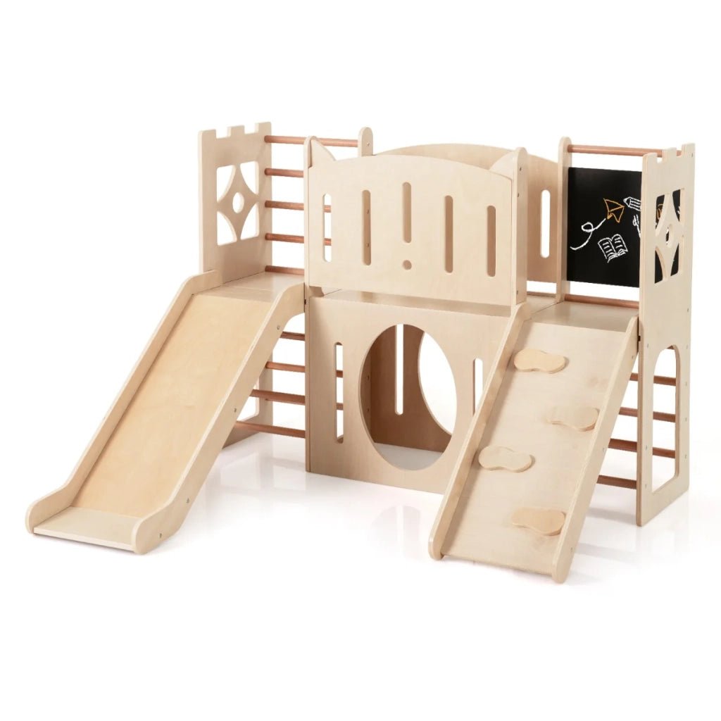 Area giochi interna 8 in 1 142 x 124,5 x 100 cm con scivolo sicuro e tunnel divertente in legno naturale 20_0020000