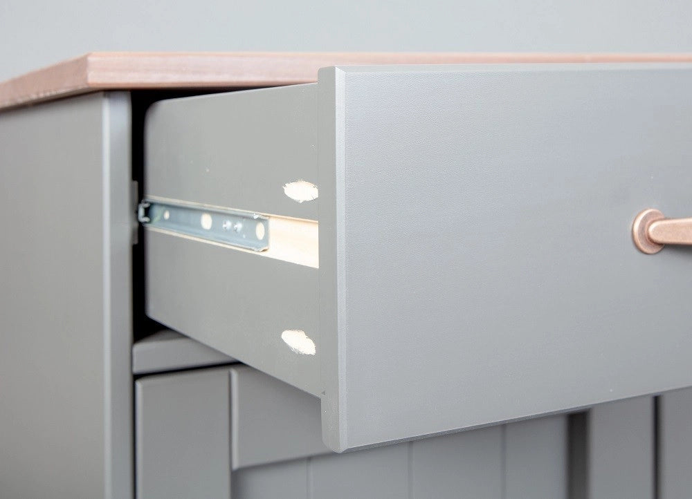 MOBILE SOGGIORNO CREDENZA BUFFET LUZERNA 3 ANTE + 3 CASSETTI 131x45x86H PINO MASSELLO VERNICIATO A ACQUA GRIGIO E MARRONE SEPPIA