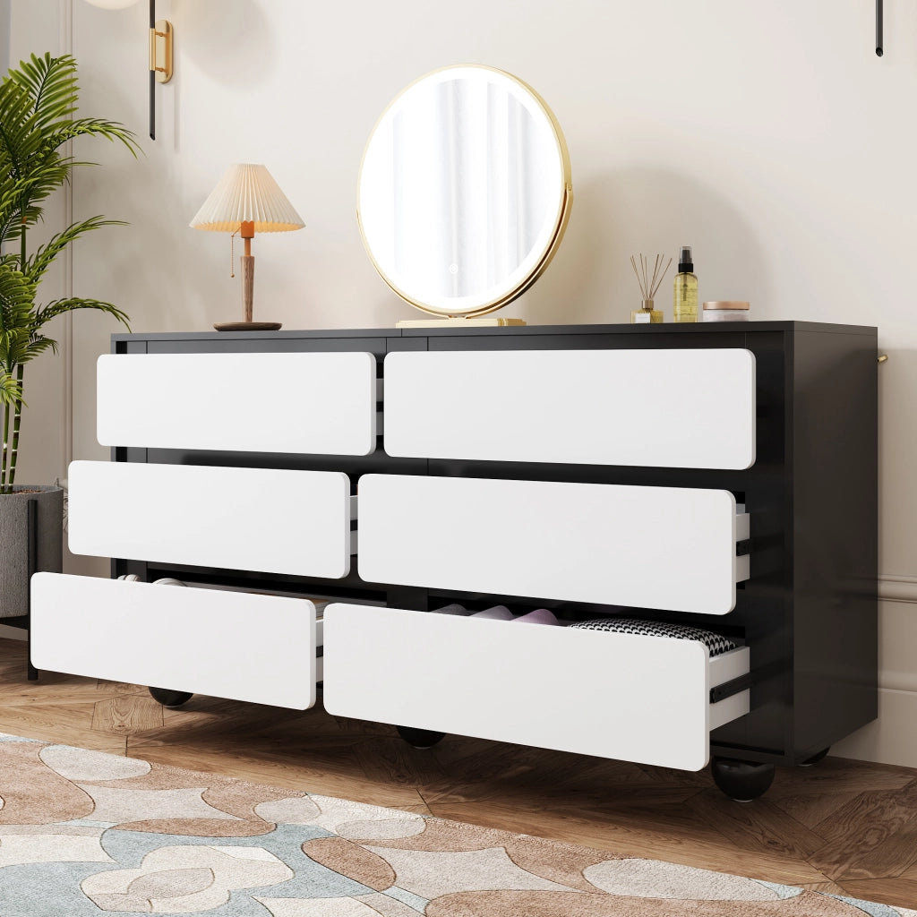 Comò 6 cassetti 140 × 38 × 74,5 cm, Bianco/Nero, in pannello di legno