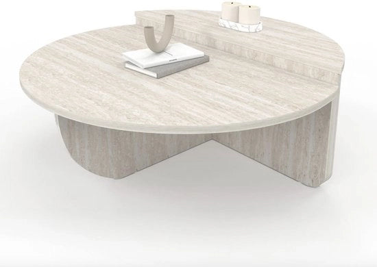 Set di 2 Tavoli da Salotto a Rondi Effetto Travertino – Design Moderno Asimmetrico – Tavolo da Salotto a Due Livelli – Tavoli da Camino Minimalisti e Scandinavi