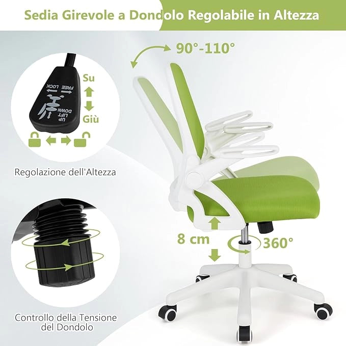 Sedia da Ufficio in Rete, Sedia da Scrivania Ergonomica con Supporto Lombare e Braccioli Ribaltabili, Sedia da Lavoro Girevole, con Ruote Regolabile in Altezza, Portata 150 kg