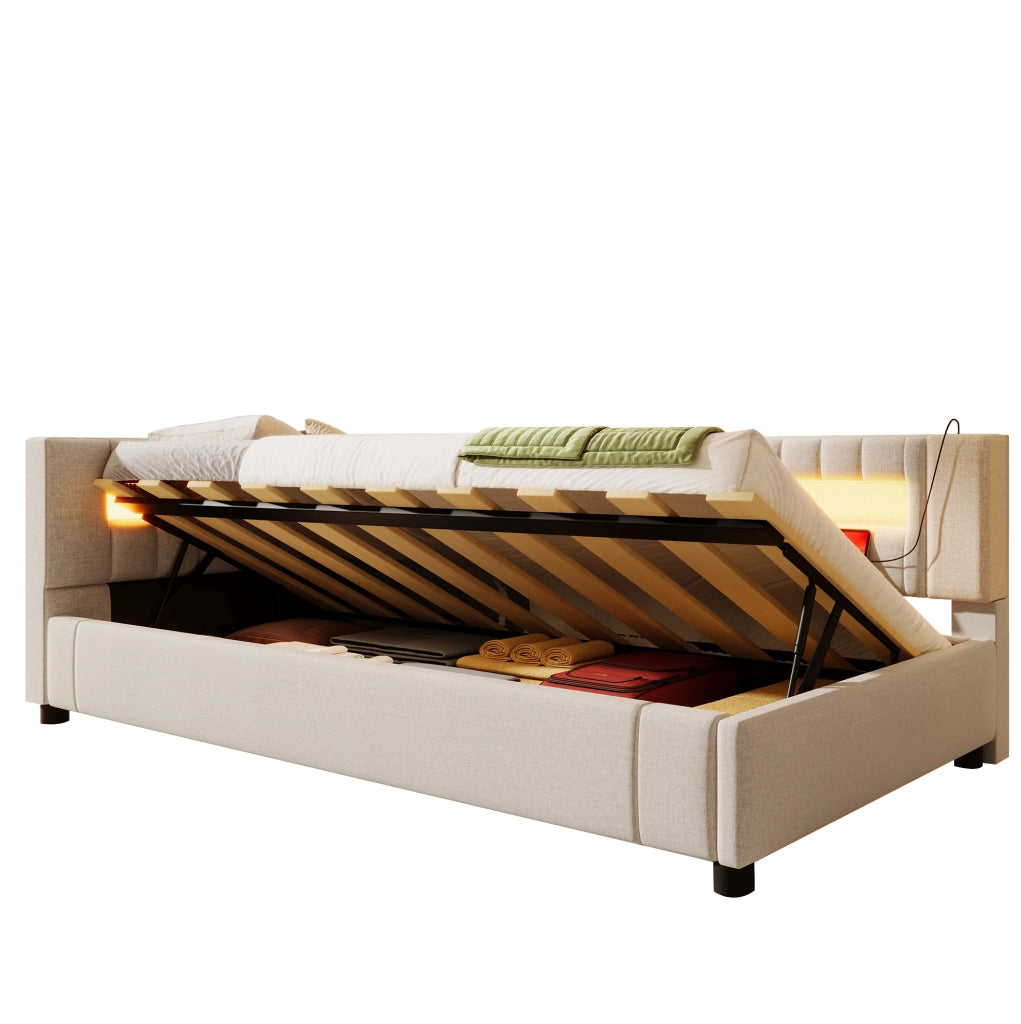 Letto da giorno beige 90x200 cm con vano idraulico, LED, USB e Type-C