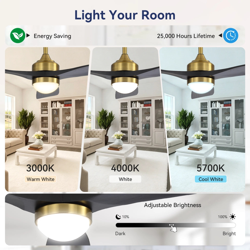 Ventilatore da soffitto reversibile con LED dimmerabile, 6 velocit¨¤ e telecomando, oro