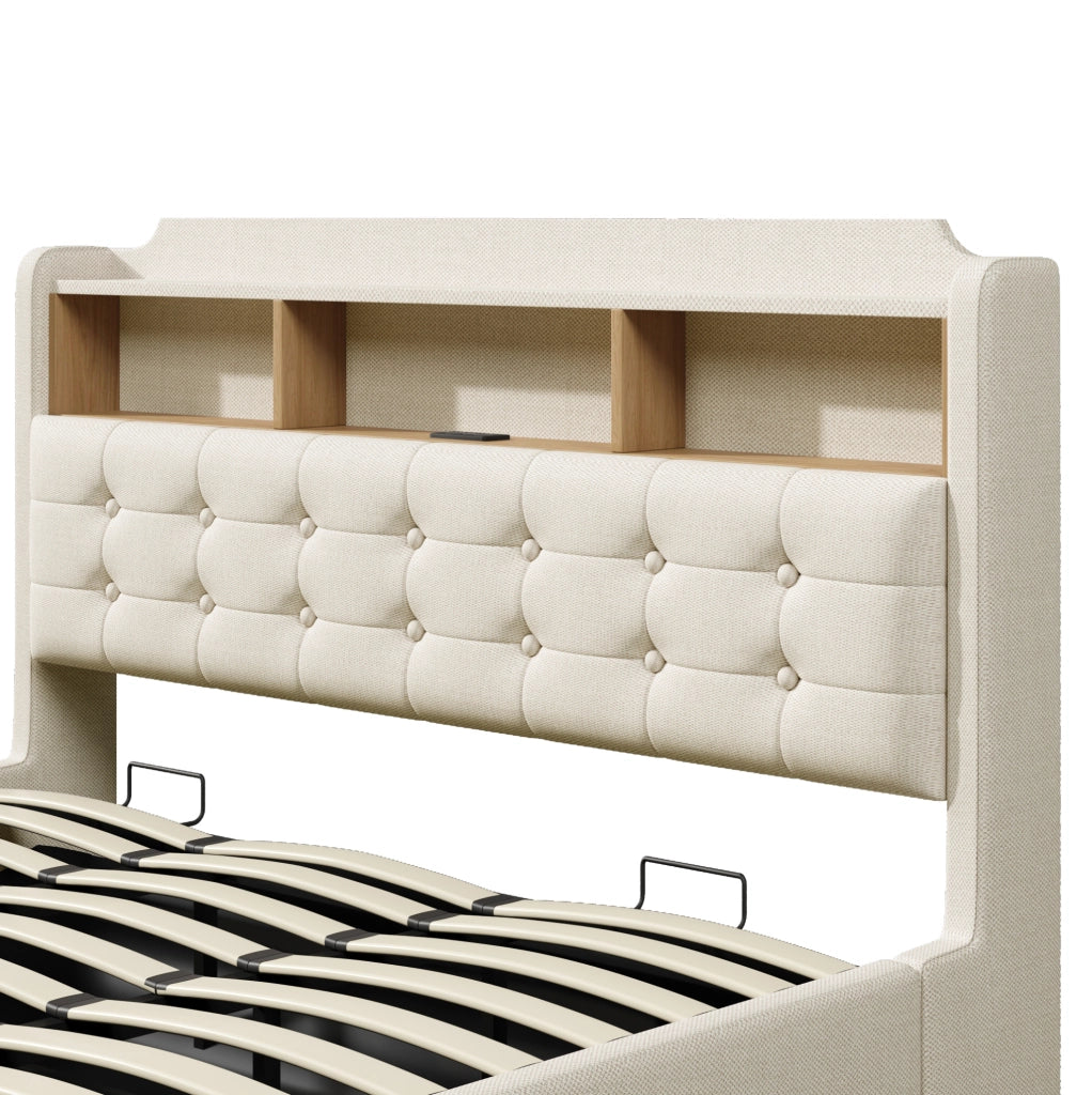 Letto imbottito 180x200 cm con illuminazione LED; spazio contenitore idraulico; in lino e MDF; beige
