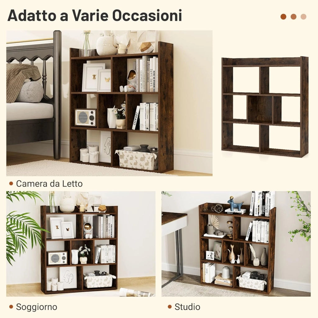Libreria a Cubi con 7 Scomparti, Mensola Espositiva per l'Archiviazione, Libreria in Legno con Dispositivi Anti-Ribaltamento, per Studio Soggiorno, 80x20x90 cm (Caffè)