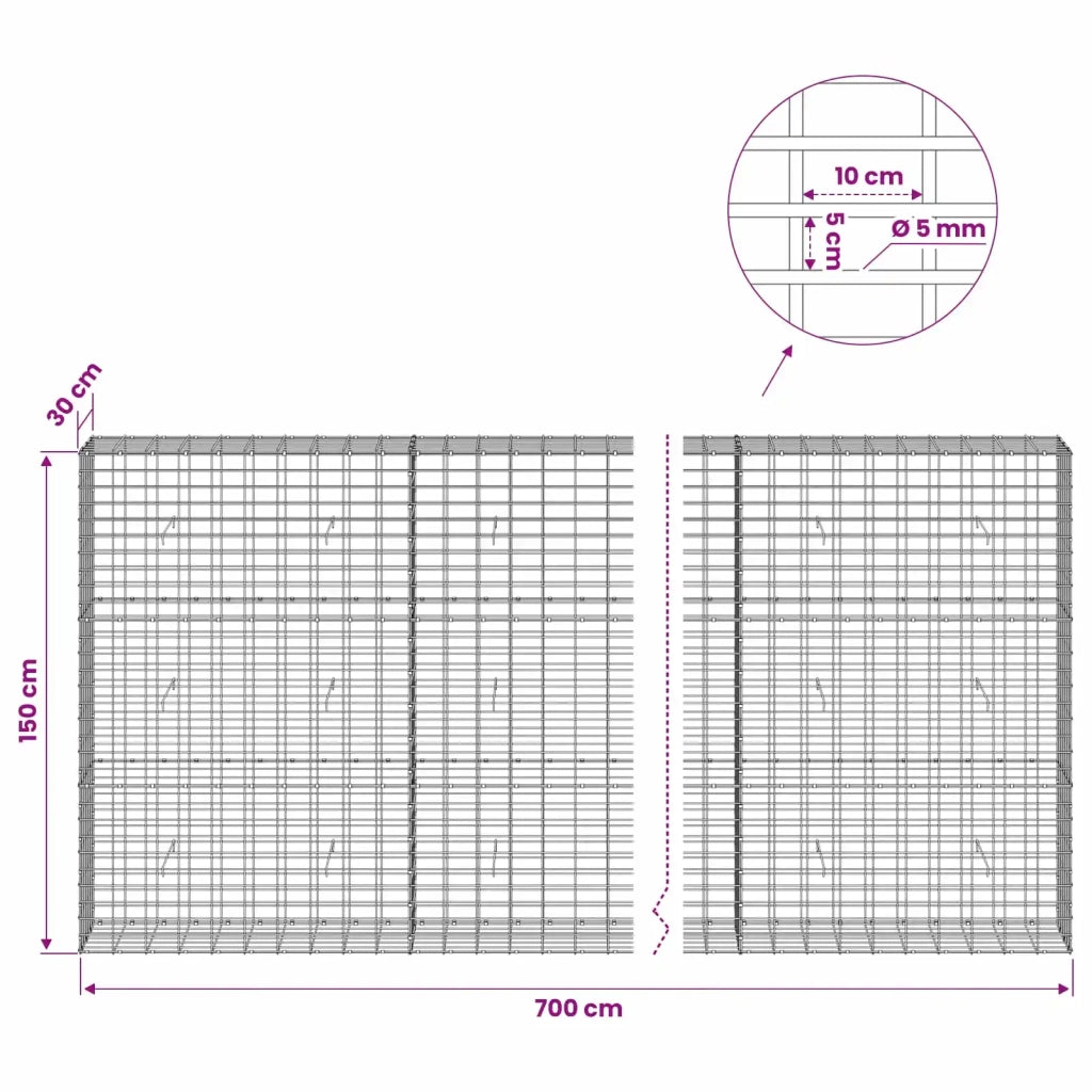 Gabione con Filo da 5 mm e Rete da 5x10 cm 700x30x150 cm 3464672