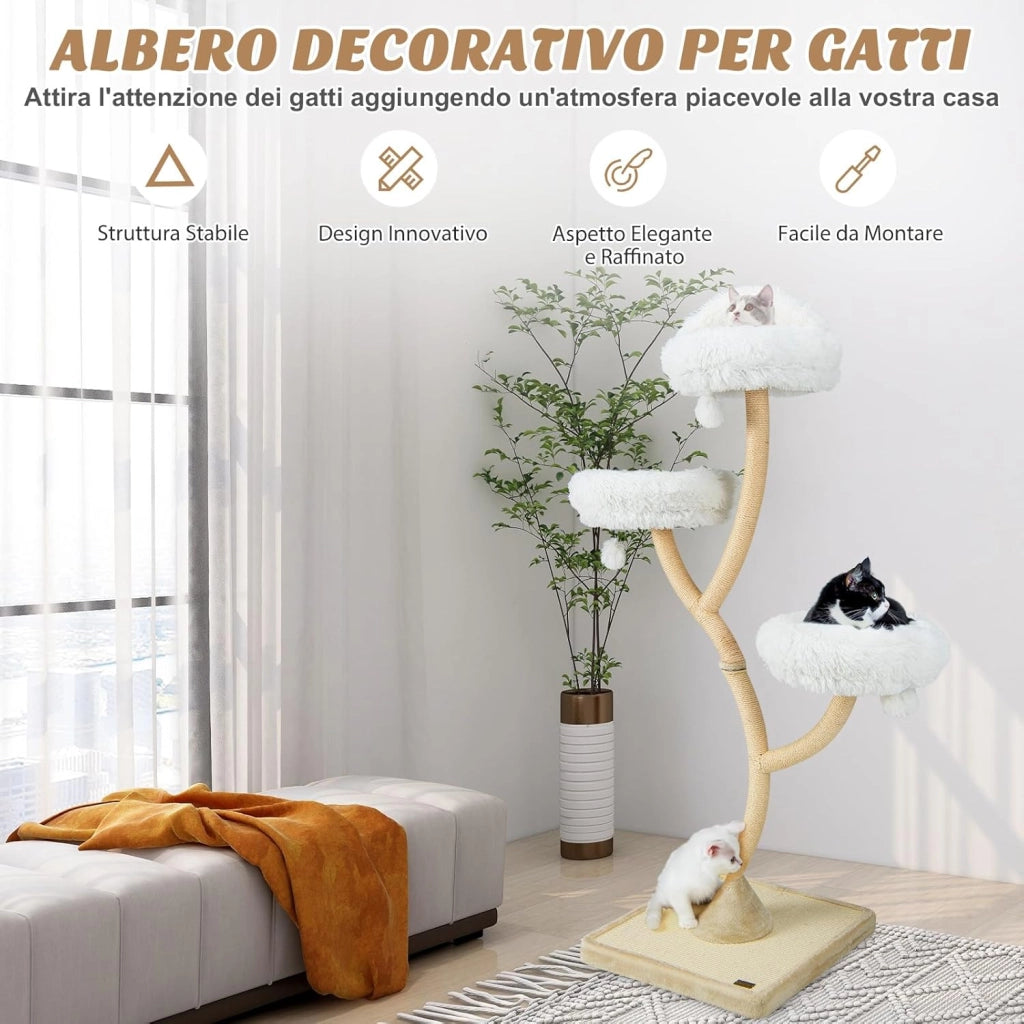 Albero per Gatti Alto 178 cm, Albero Tiragraffi per Gatti con Telaio di Supporto Curvo in Metallo, 3 Cucce Calde e Palline, Pali e Tavoletta Tiragraffi in Sisal, 59 x 59 x 178 cm (Beige)
