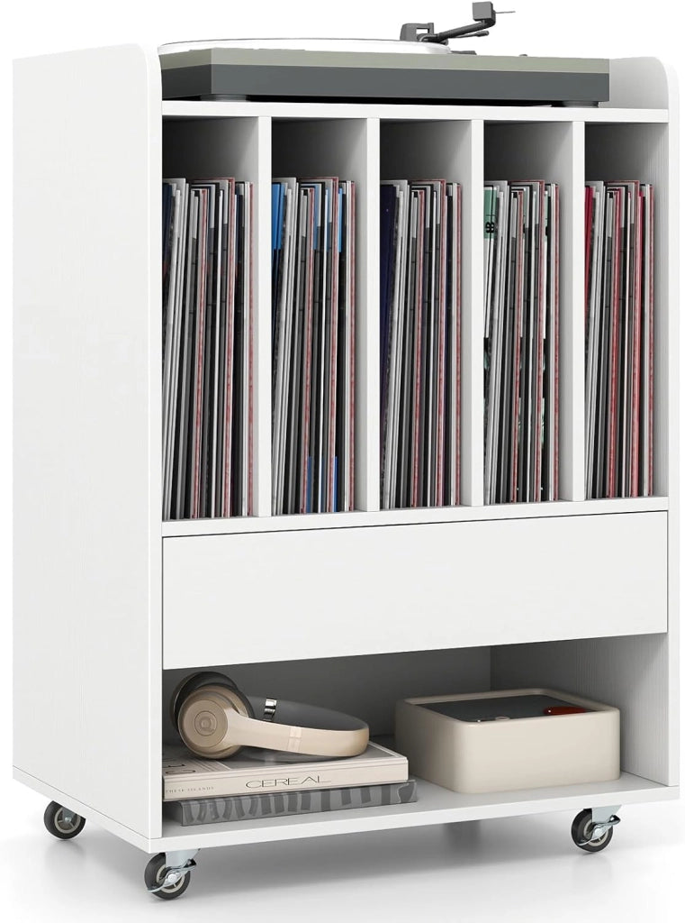 Supporto per Giradischi in Vinile Fino a 180 Album, Mobile Giradischi con Ruote, Mobiletto Portaoggetti con Scomparti Aperti, Cassetto e Ganci per Ufficio, Soggiorno, Studio (Bianco)