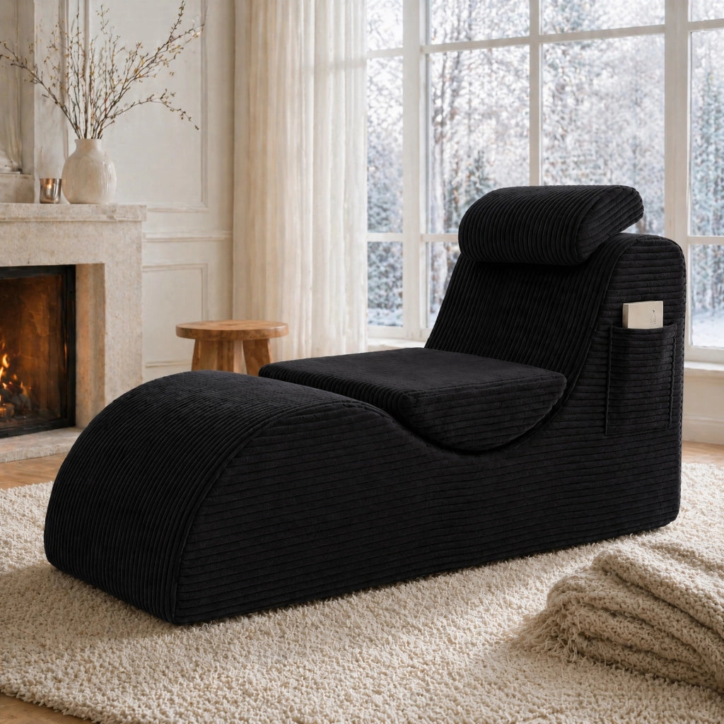 Poltrona singola moderna in velluto a coste nero; 160x66x90 cm; con cuscino rimovibile e tasca laterale