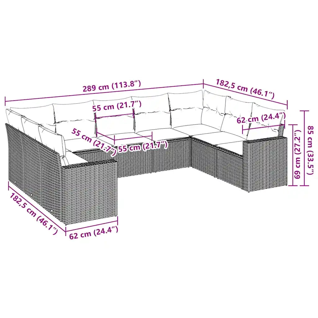Set Divani da Giardino 9pz con Cuscini Marrone in Polyrattan