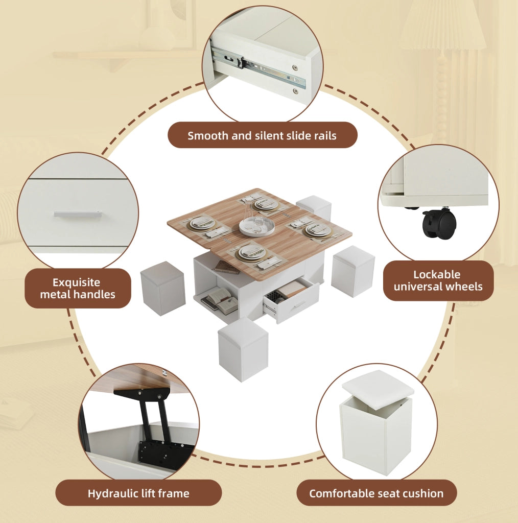 Tavolino da caffè sollevabile 100x50 cm trasformabile in tavolo da pranzo; bianco e legno naturale