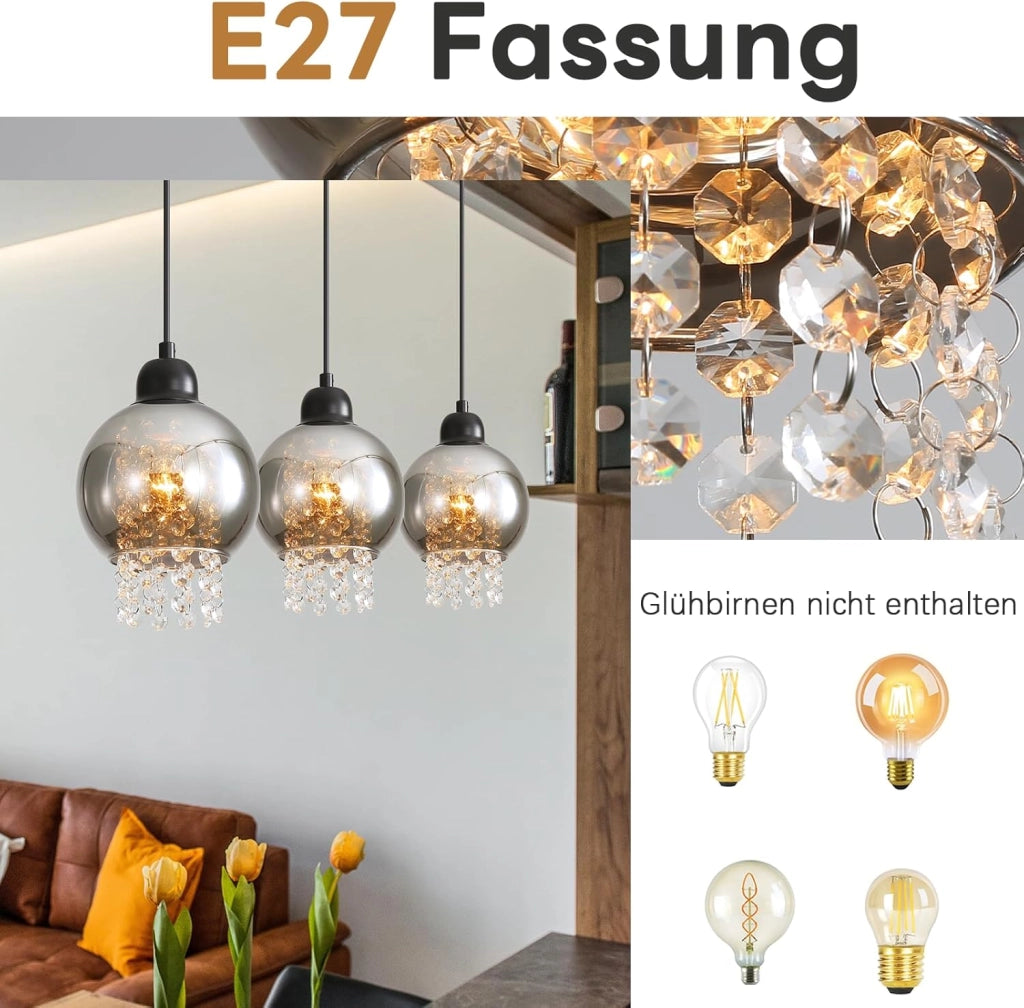 Lampada a sospensione ZMH per sala da pranzo 3 fiamme E27 cristallo Ruachgrau Lampada a sospensione per camera da letto