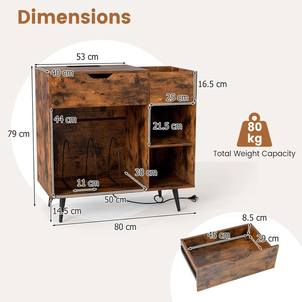 Supporto per giradischi con base di ricarica, per dischi in vinile con cassetto e vano aperto, giradischi da tavolo con presa e USB e tipo C, in vinile