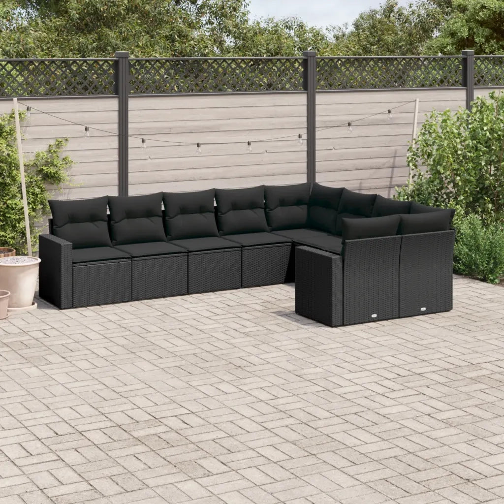 Set Divani da Giardino 9 pz con Cuscini Nero in Polyrattan 3251772
