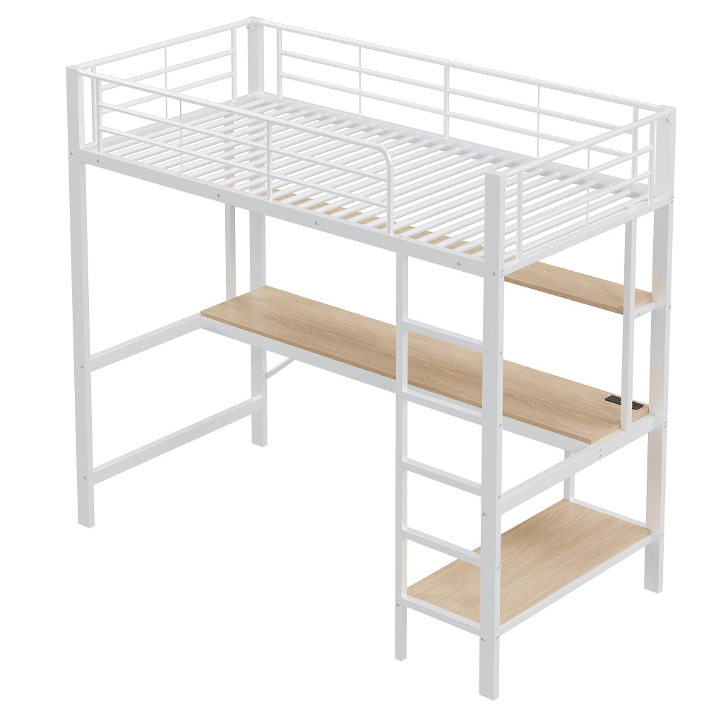 Letto a soppalco singolo 90×200 cm con scrivania; ripiani; LED; USB; presa; sponda e scala; senza materasso