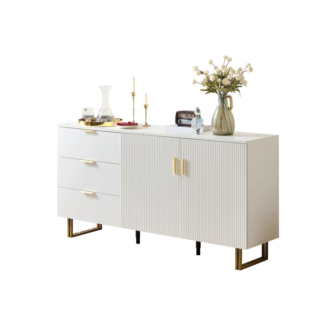 Sideboard moderno in MDF bianco con 2 porte, 3 cassetti e gambe in acciaio