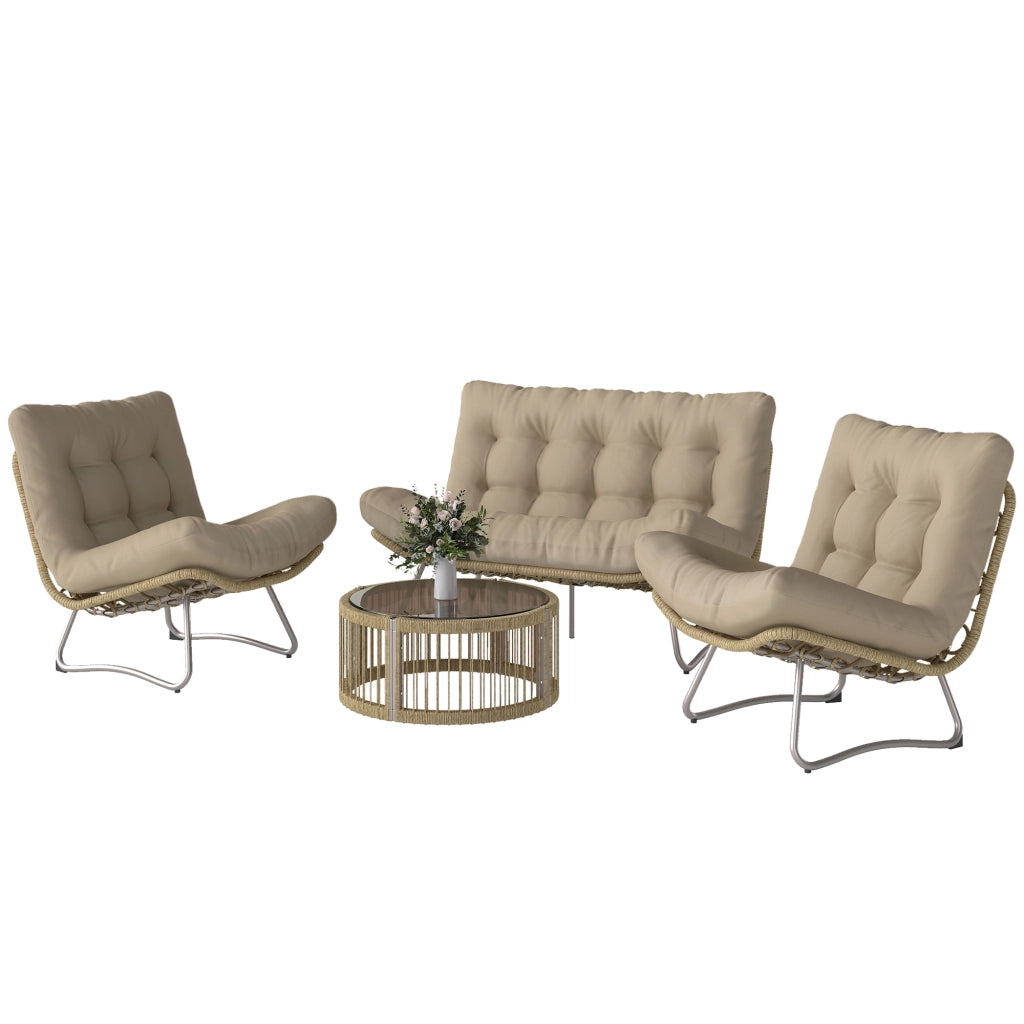 Set Lounge 4 Pezzi Polyrattan ¨C Zephmum ¨C Grigio, Cuscini Spessi, Tavolo Vetro