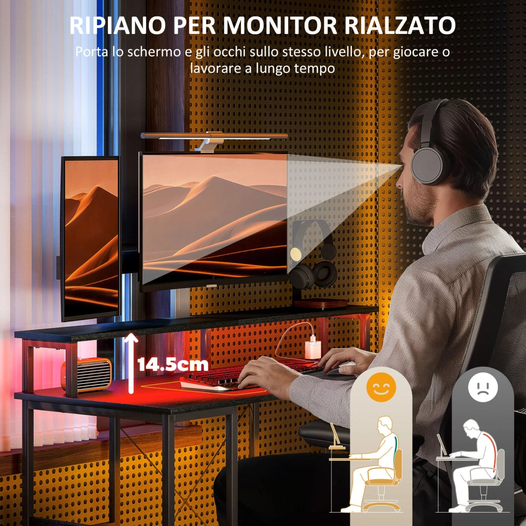 Scrivania Gaming con LED e Supporto Monitor ¨C Xylo ¨C Nero 120x50cm con Scaffale e Prese Elettriche