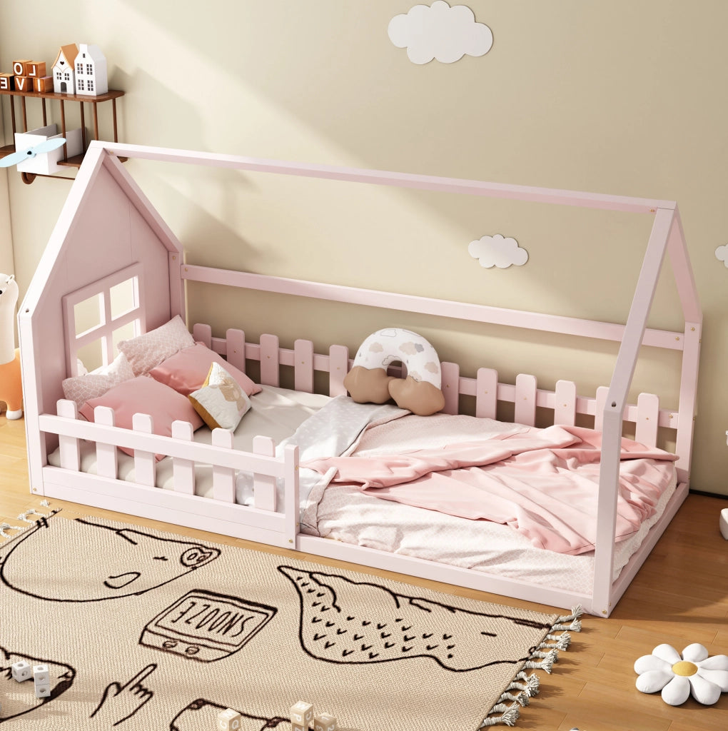 Letto per bambini a forma di casetta 90 x 200 cm, rosa